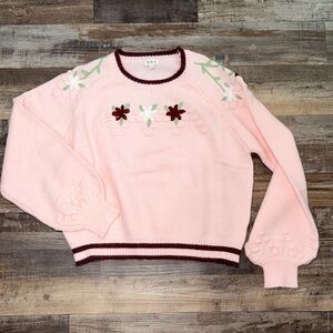 POL Pink Crewneck Sweater with Burgundy Trim & Floral Embroidery
